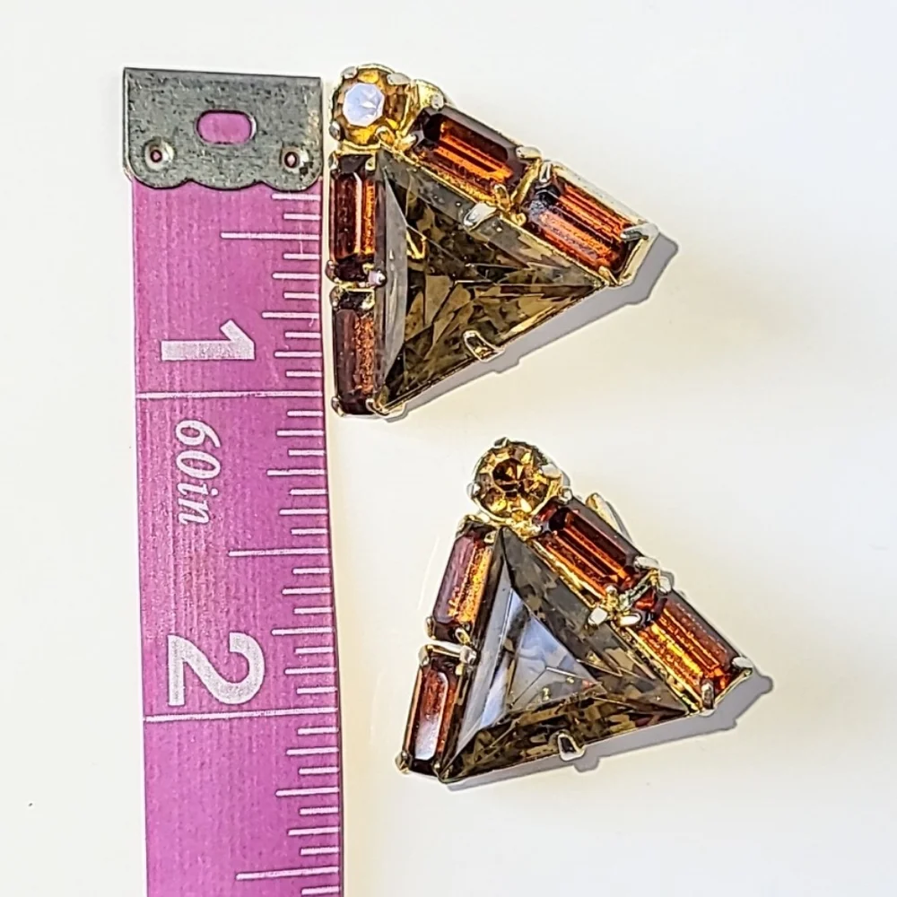 Art Deco Cognac Triangular Crystal Clip Earrings - Vintage Earth Tone Colors
